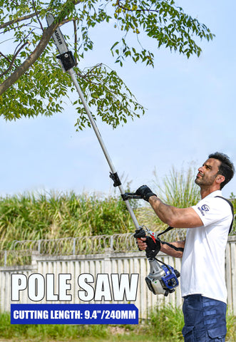 Wild Badger Power pole saw attachment ready to prune higher branches safely.
