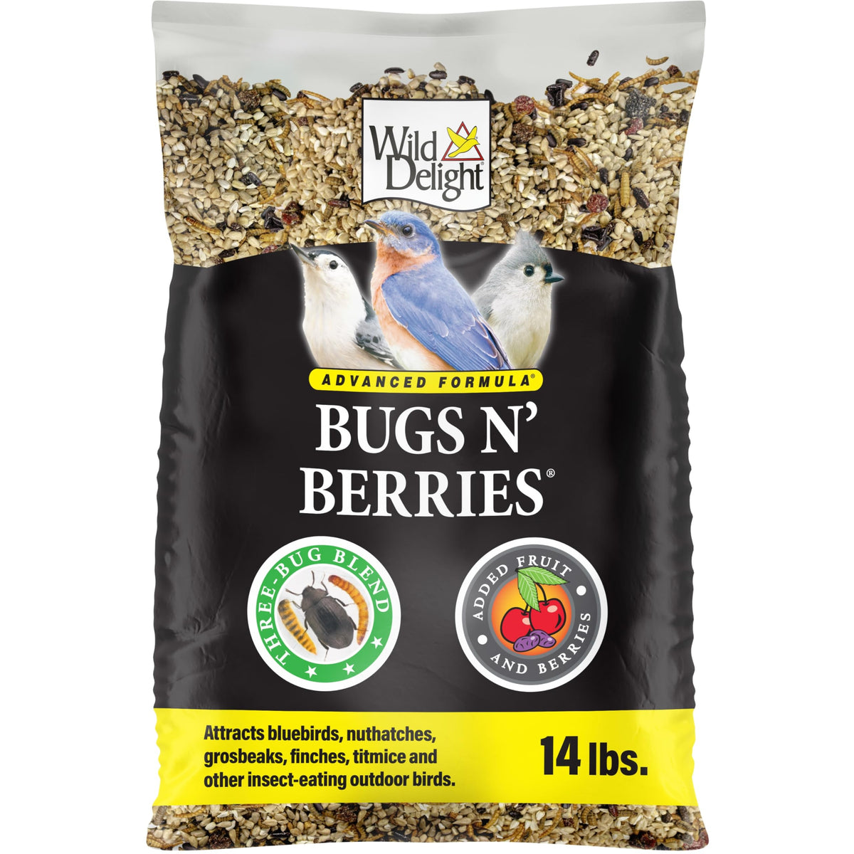 Wild Delight Bugs N Berries bag front showing protein-rich insect blend for backyard birds.