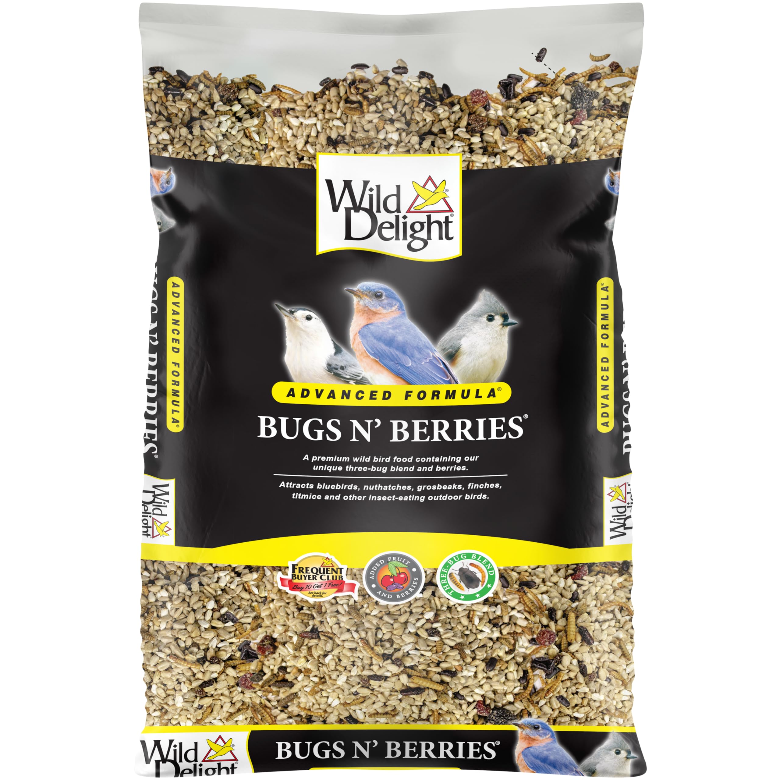 Three-bug blend close-up highlighting dried larvae and beetles for year-round feeding.