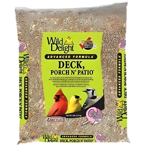 Wild Delight Deck Porch N' Patio Birdfood bag attracts backyard birds.