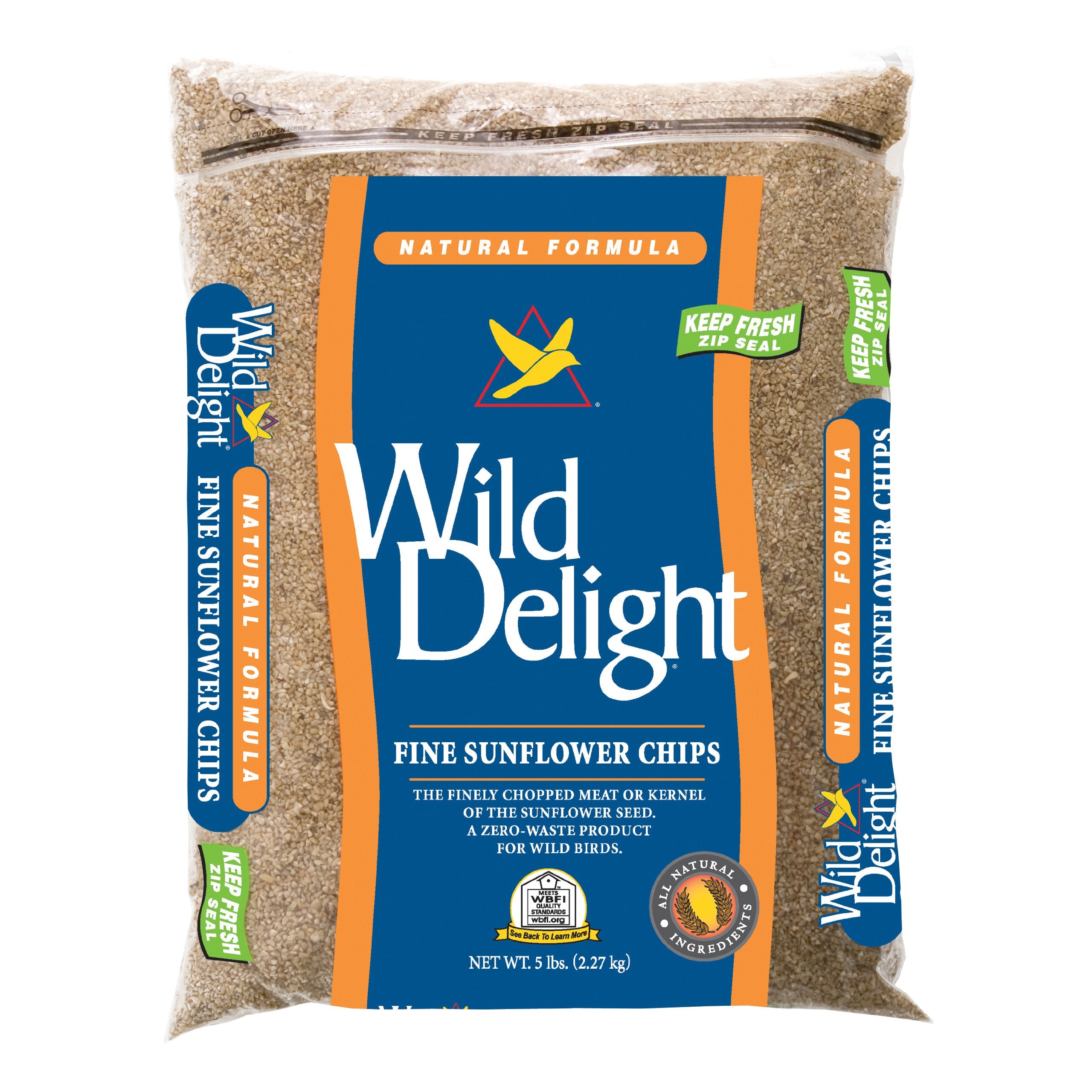 Wild Delight Fine Sunflower Chips in a 5 lb bag attract goldfinches and songbirds.