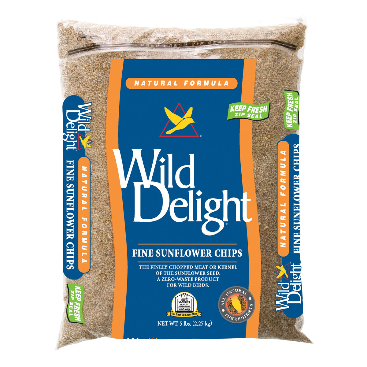 Wild Delight Fine Sunflower Chips in a 5 lb bag attract goldfinches and songbirds.