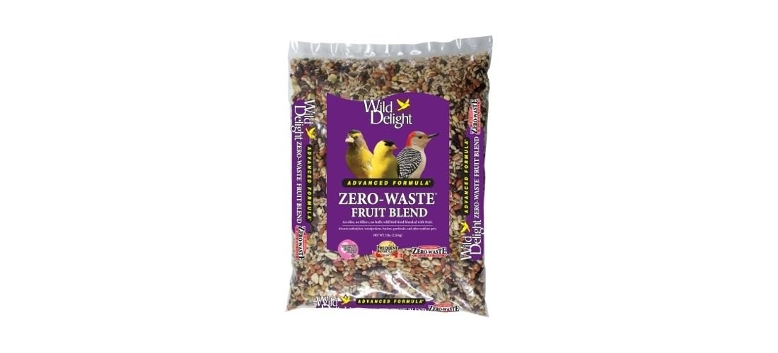 Wild Delight fruit blend bird food packaging shown as 5 lb bag