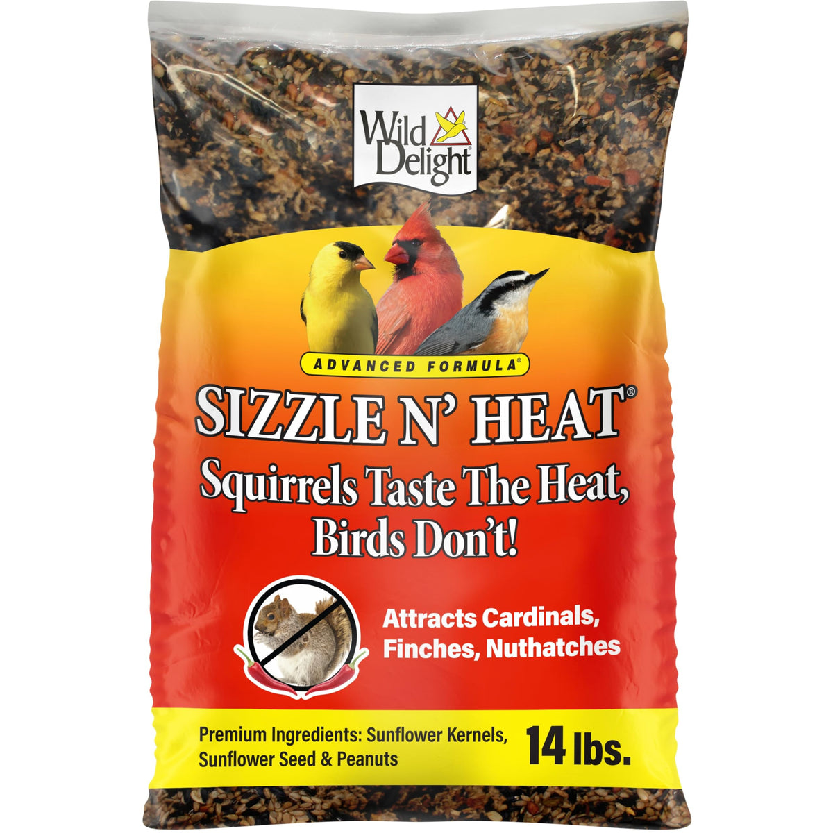 Wild Delight Sizzle N' Heat bird seed bag deters squirrels while attracting backyard birds.
