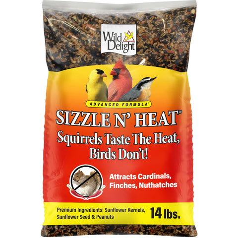 Wild Delight Sizzle N' Heat bird seed bag deters squirrels while attracting backyard birds.