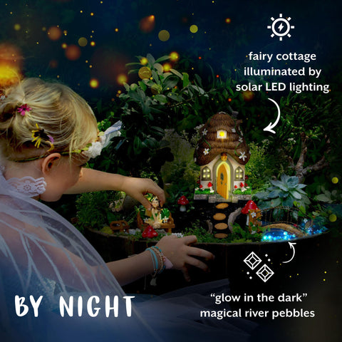 Wild Pixy solar LED garden light provides safe nighttime ambiance for fairy scenes