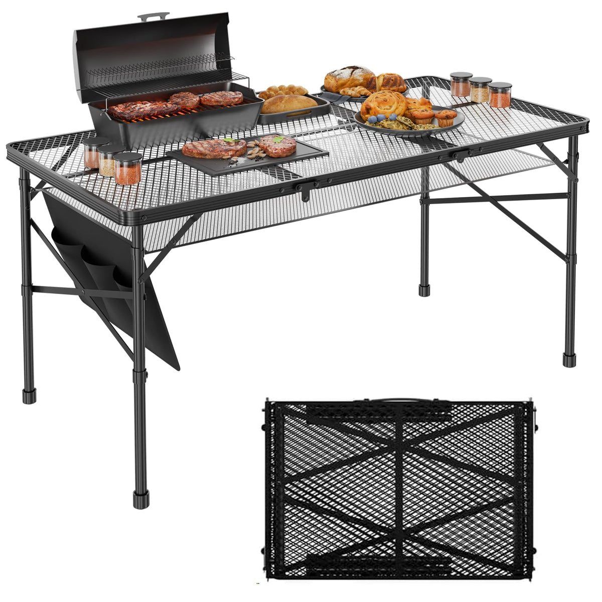 WildFinder folding grill table 4x2ft offers a sturdy outdoor surface for picnics.