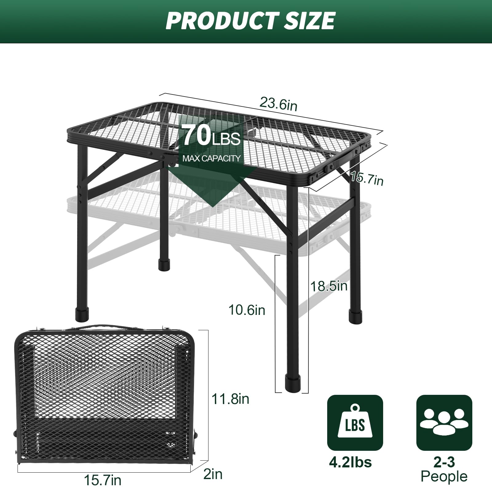 WildFinder folding table in compact fold mode, easy to store after camping.