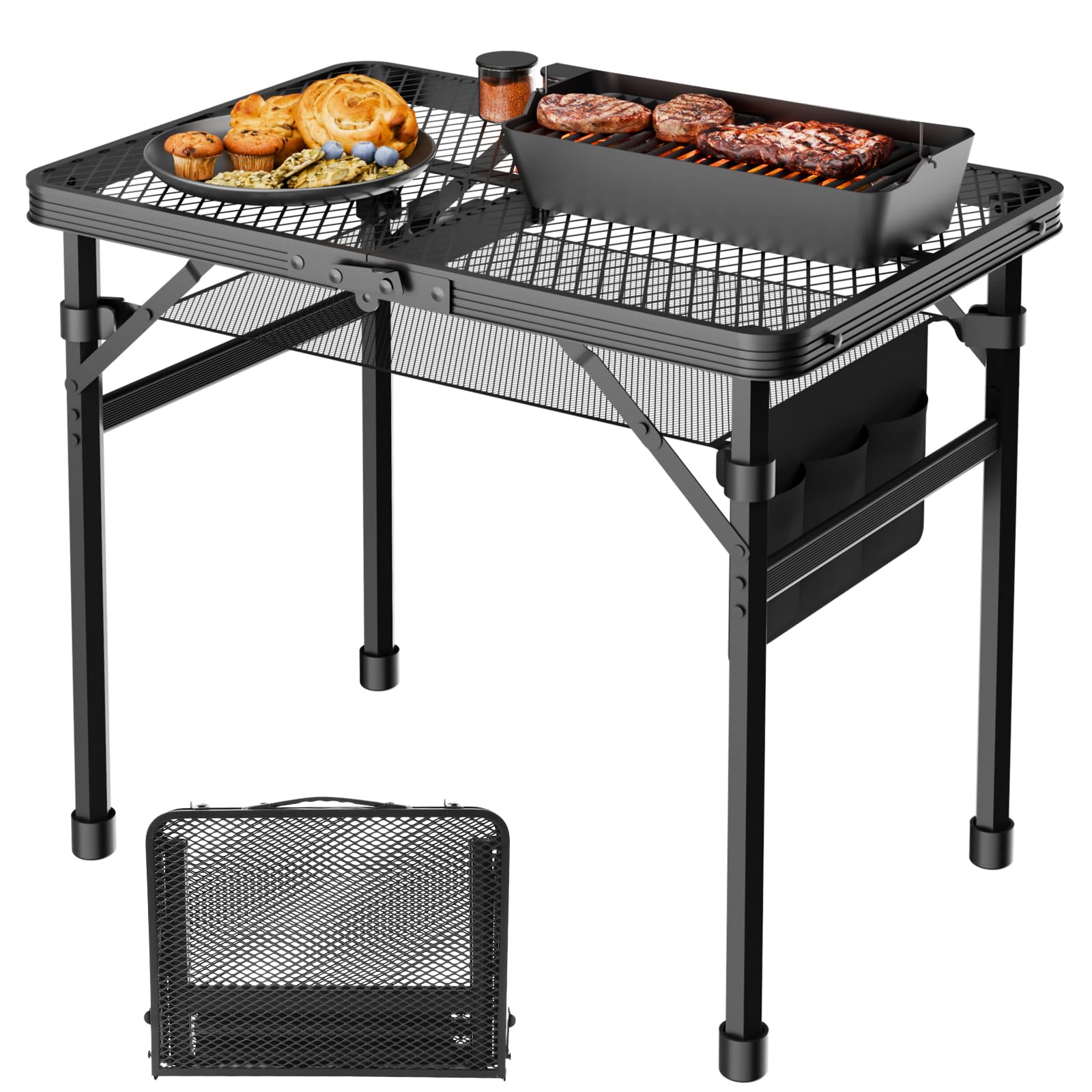 WildFinder folding table with mesh desktop provides a breathable, rust-resistant surface for outdoor meals.
