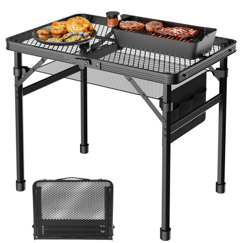WildFinder folding table with mesh desktop provides a breathable, rust-resistant surface for outdoor meals.