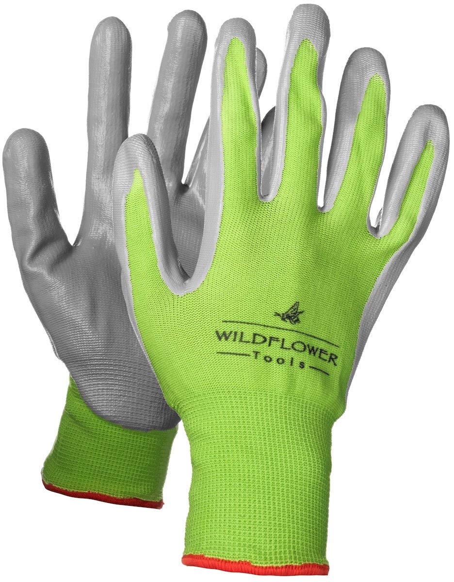 WILDFLOWER Tools green cuff gloves keep dirt out during pruning.