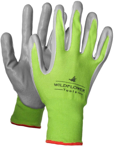 WILDFLOWER Tools green gloves; puncture-resistant fingertips protect during weeding.