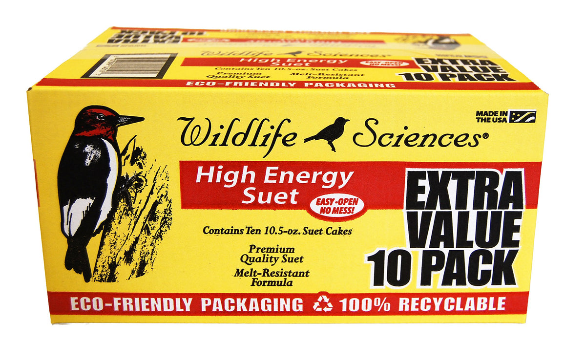 Wildlife Sciences High Energy Suet Cake pack ready for feeding birds at a feeder outdoors for backyard birds