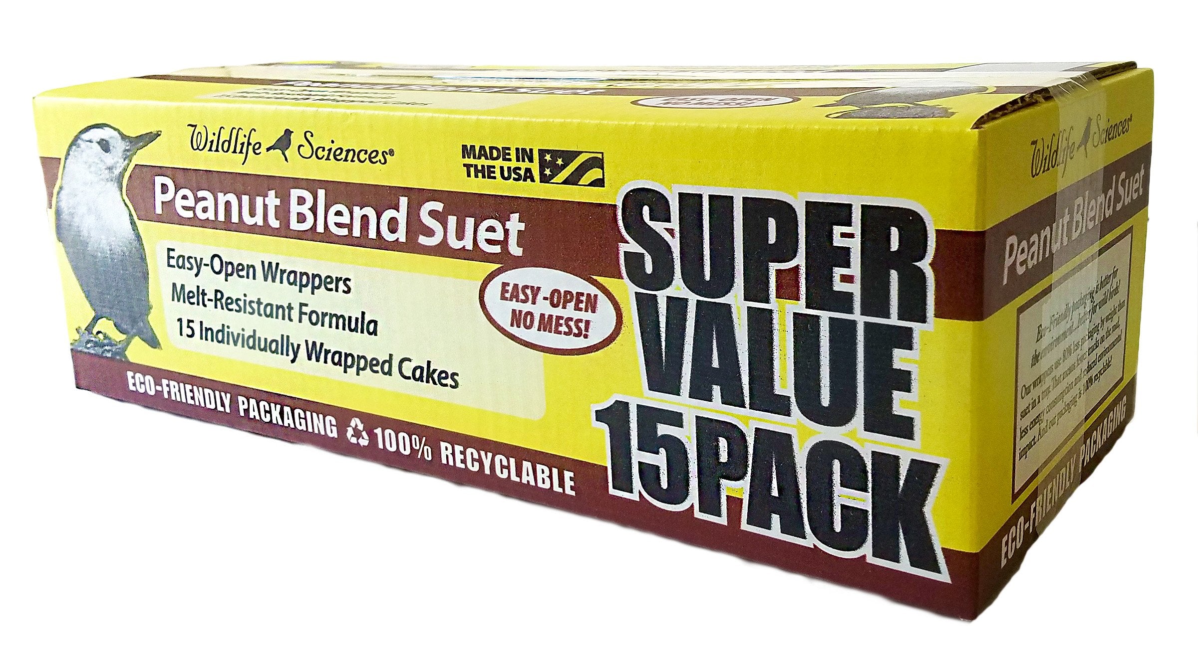 Wildlife Sciences Peanut Suet Cakes on feeder demonstrating easy-open, mess-free packaging.