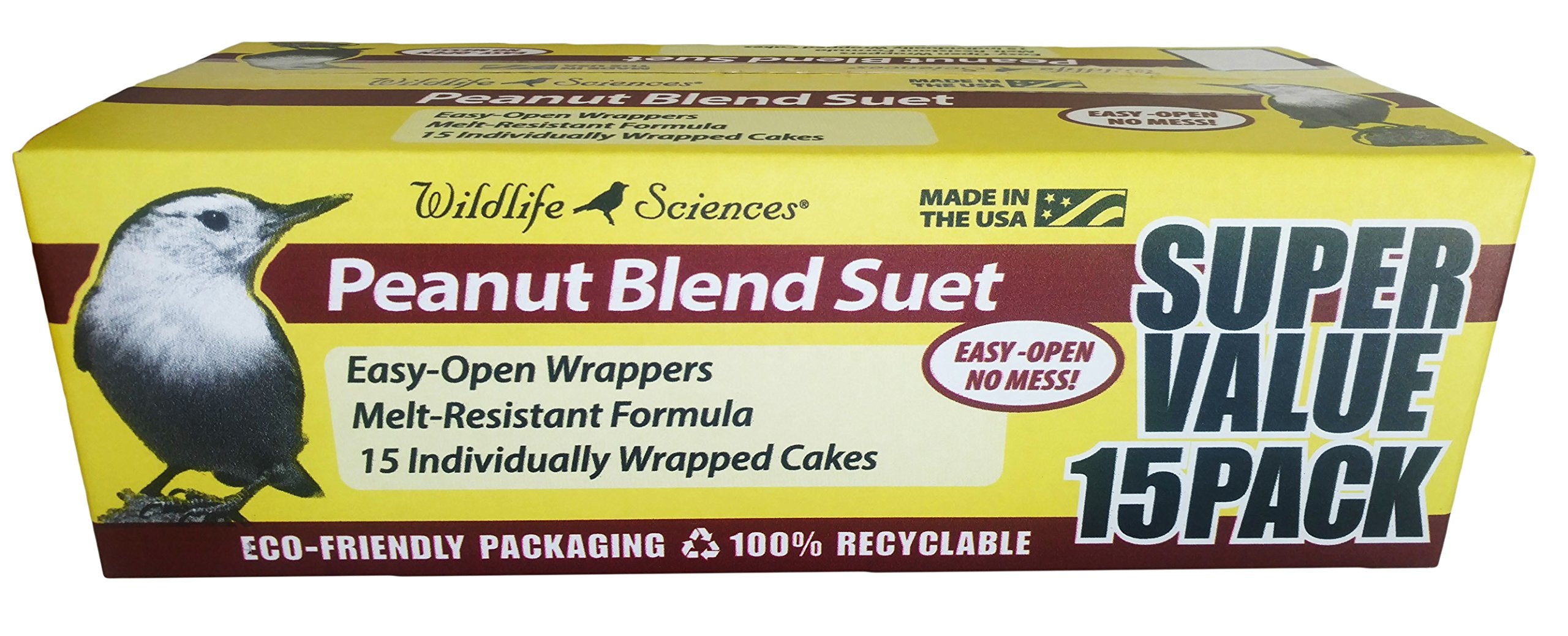 Wildlife Sciences Peanut Suet Cakes pack closeup; melt-resistant formula attracts tree-clinging birds.