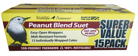 Wildlife Sciences Peanut Suet Cakes pack closeup; melt-resistant formula attracts tree-clinging birds.