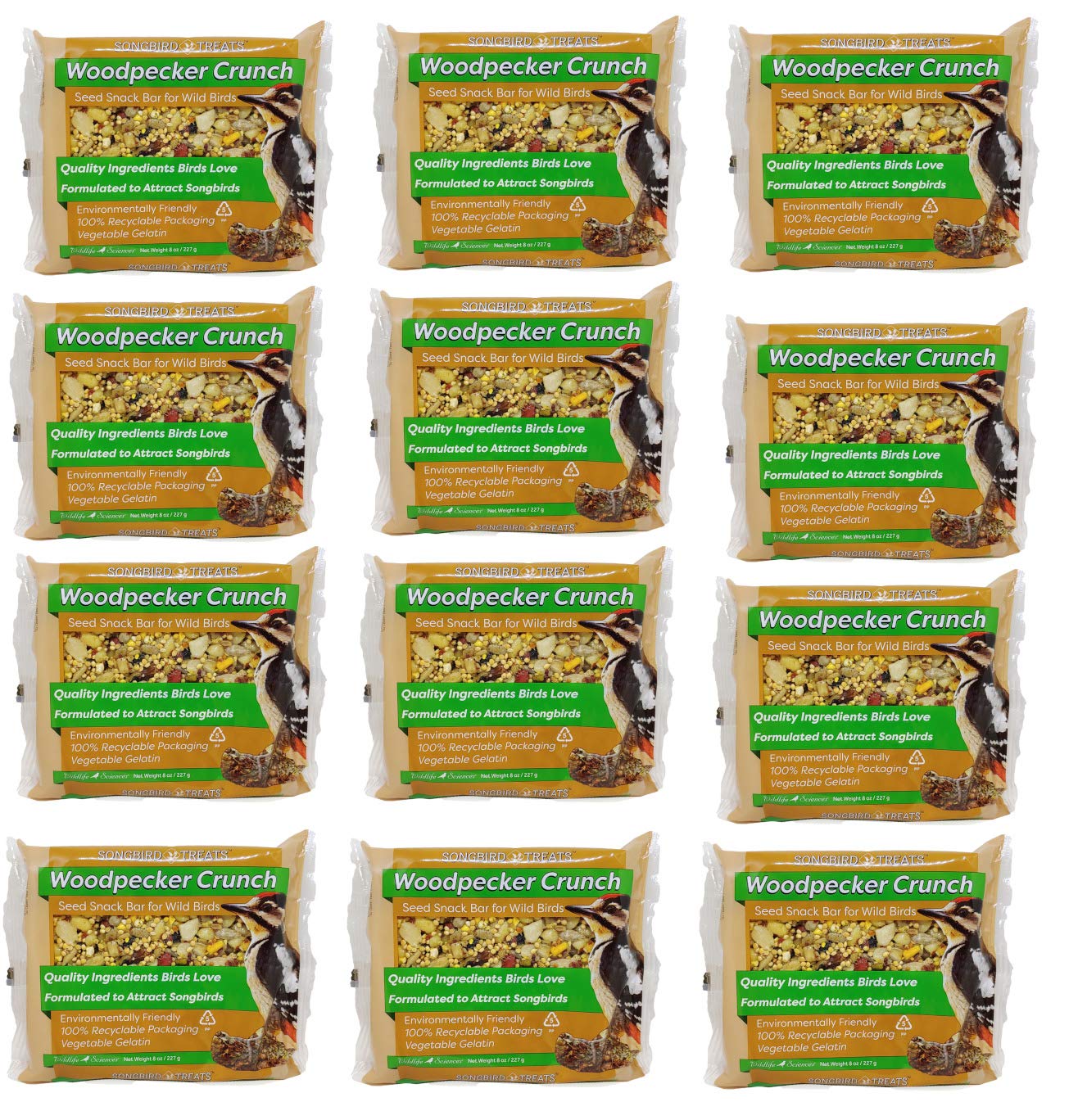 Wildlife Sciences Songbird Treats Seed Bars front packaging shows a convenient 12-pack for backyard feeding.