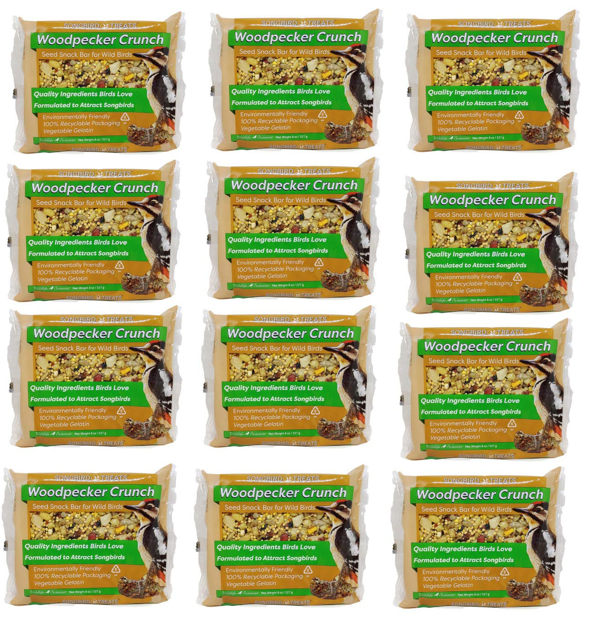 Wildlife Sciences Songbird Treats Seed Bars front packaging shows a convenient 12-pack for backyard feeding.