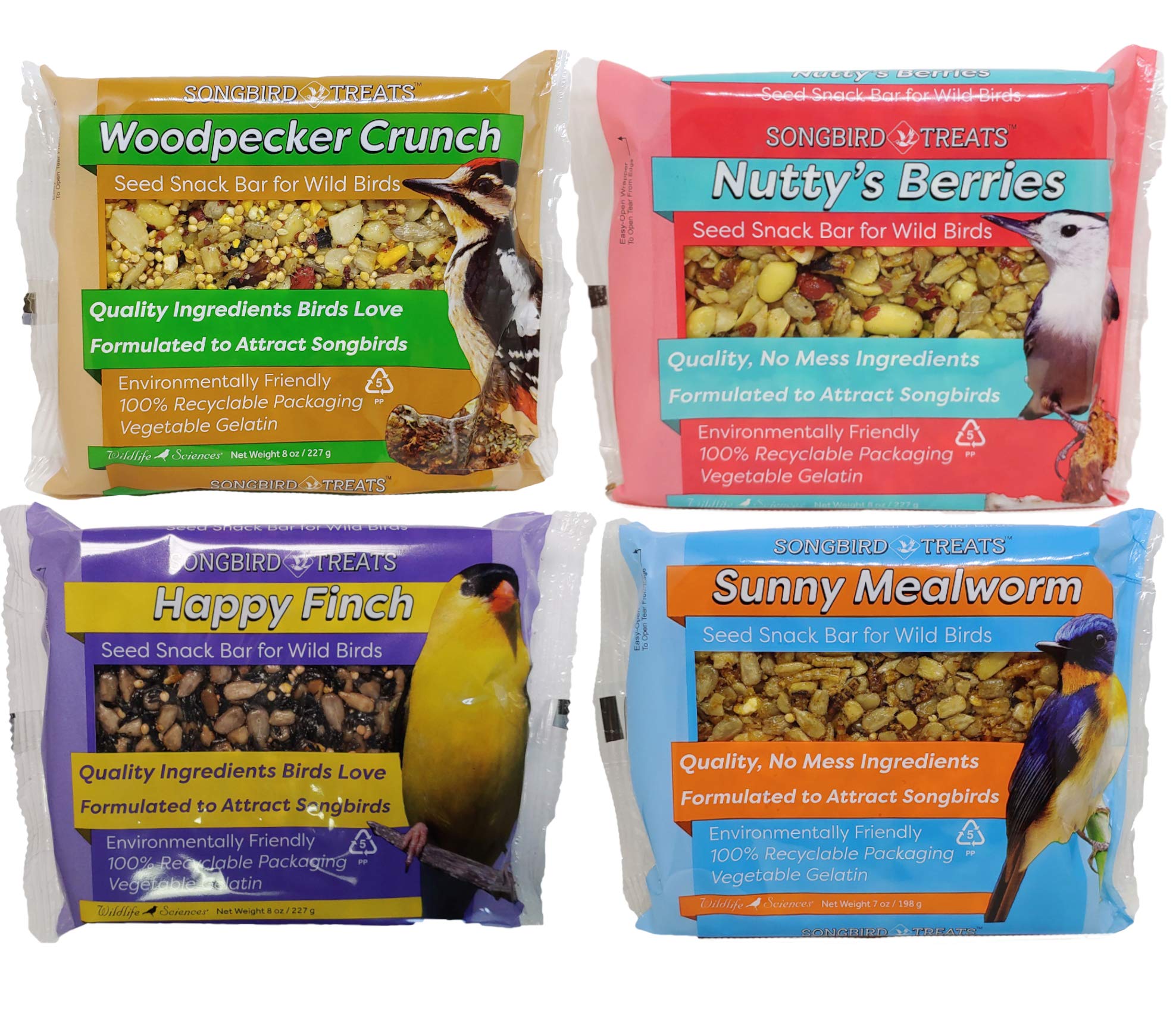Wildlife Sciences seed cake variety 4-pack front view attracts songbirds with four flavors.