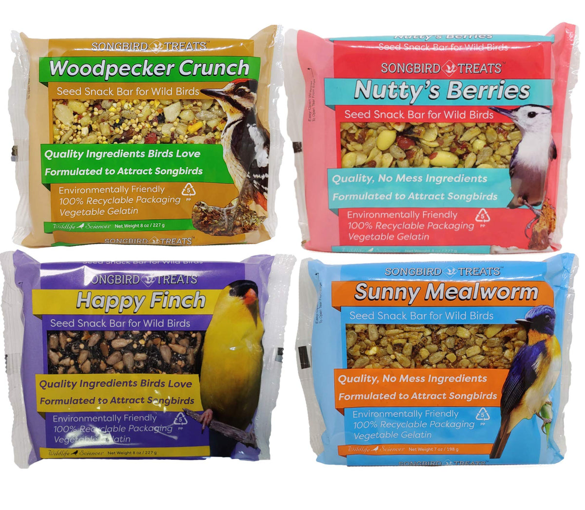 Wildlife Sciences seed cake variety 4-pack front view attracts songbirds with four flavors.