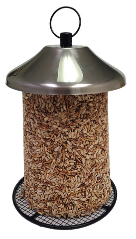 Wildlife Sciences Songbird Treats Seed Tower 2-Pack birds feeding on log-tower display