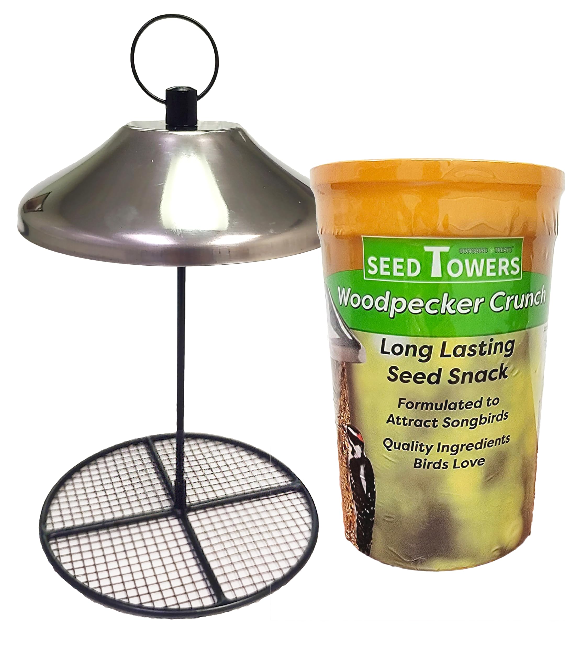 Wildlife Sciences Songbird Treats Seed Tower 2-Pack feeder-tower setup attracts songbirds