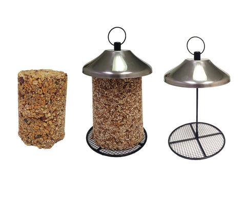 Wildlife Sciences Songbird Treats Seed Tower 2-Pack log-tower closeup highlights peanut and nut mix