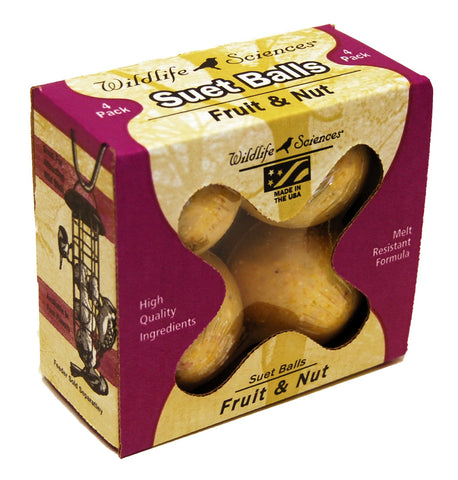 Wildlife Sciences suet ball fruit and nut attracts backyard birds in a convenient 4-pack