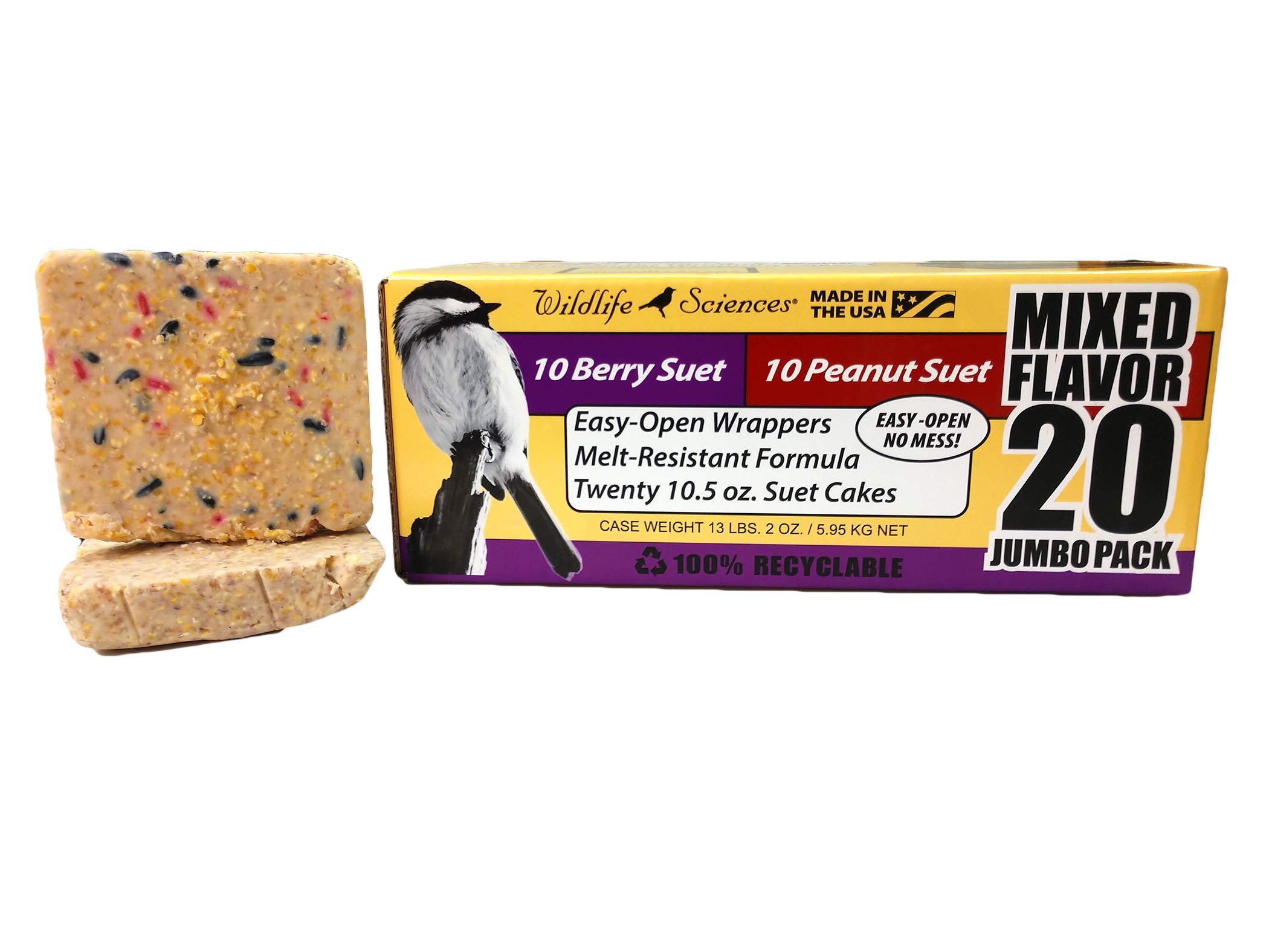Wildlife Sciences Suet Cake Jumbo Berry attracts perching birds with berry aroma and dependable feeding.