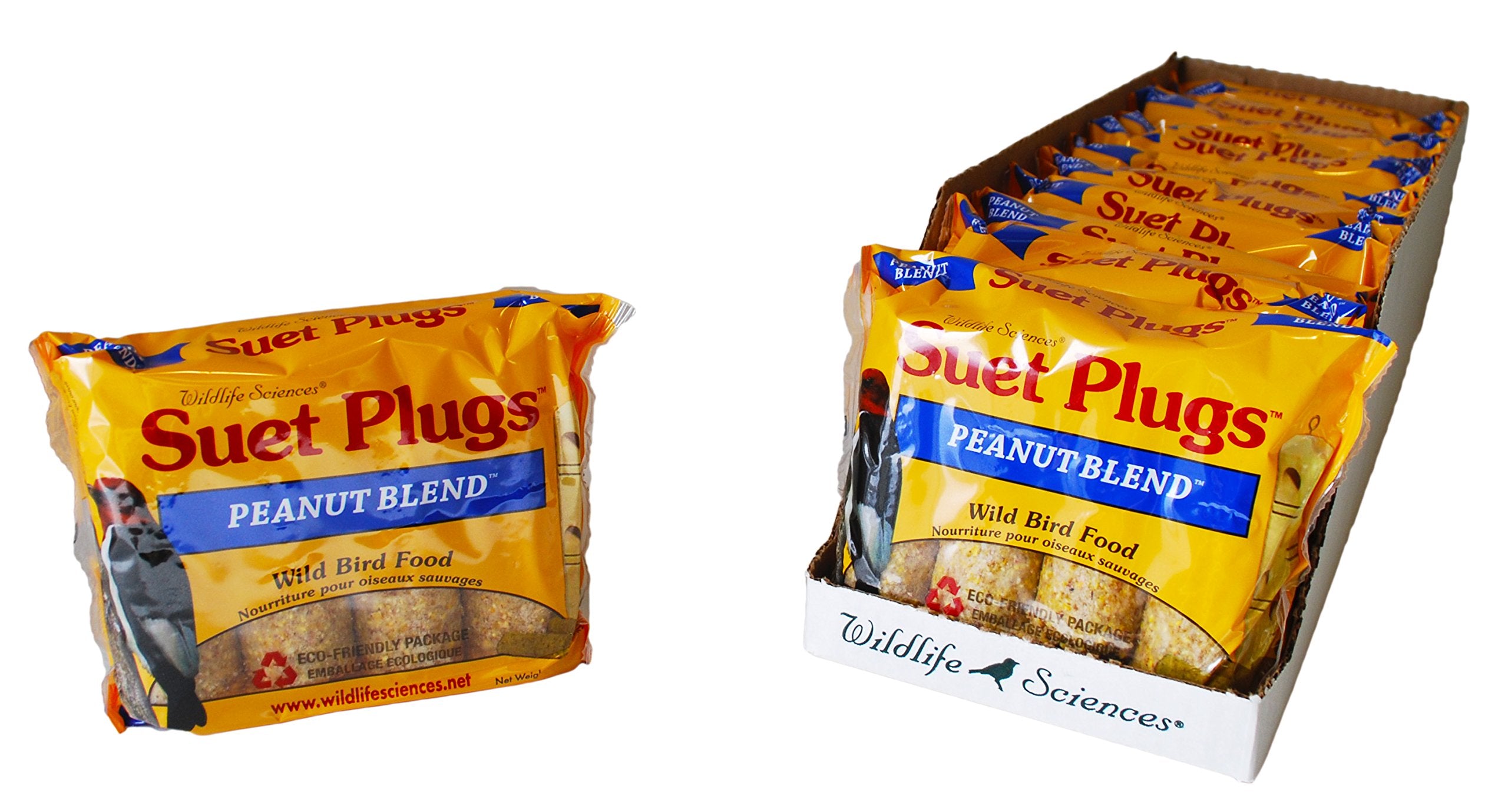 Wildlife Sciences Suet Plugs Peanut Blend packaging shows easy, convenient 12 oz portions