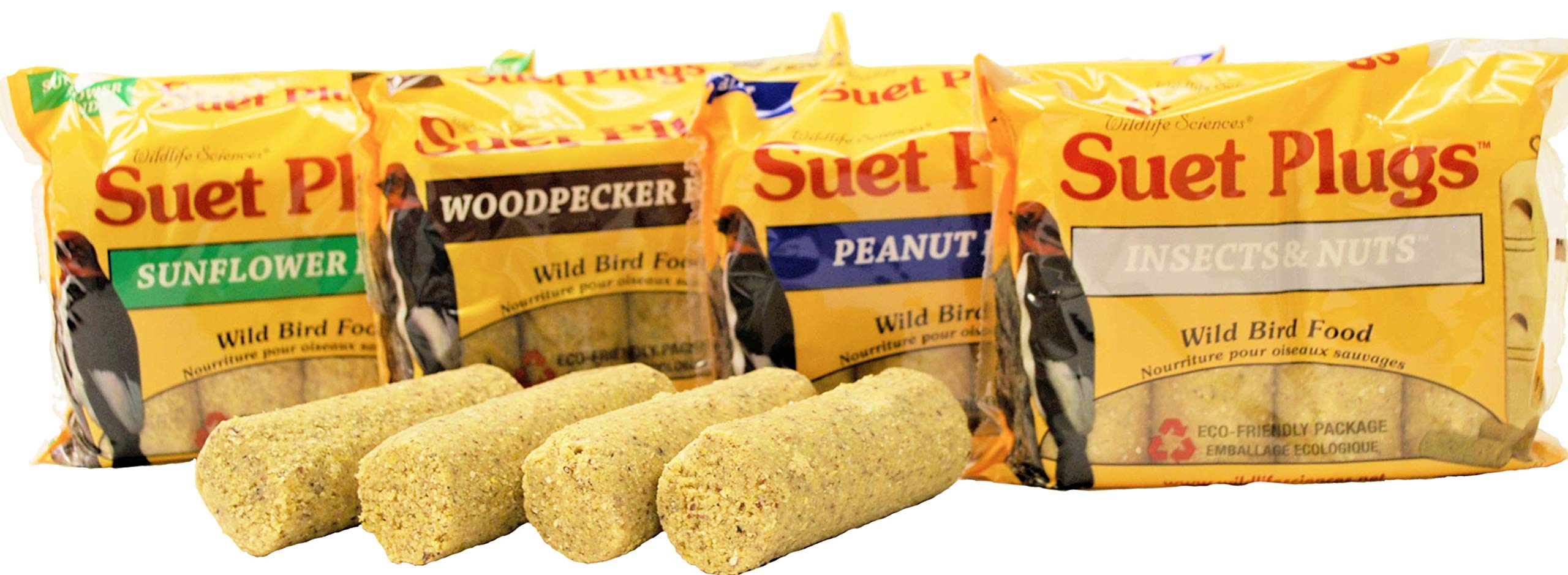 Wildlife Sciences suet plugs 16 pack packaging with four wrapped packs for easy feeding setup
