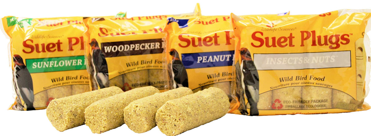 Wildlife Sciences suet plugs 16 pack packaging with four wrapped packs for easy feeding setup