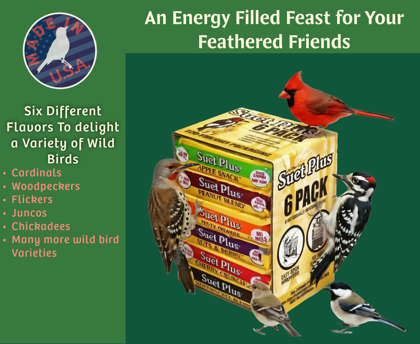 Wildlife Sciences Suet Plus melt-resistant formula keeps cakes intact in warm weather.