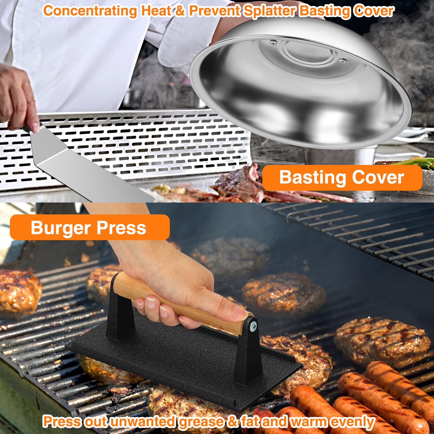 Wildone cast-iron griddle press shapes burgers and distributes heat evenly.