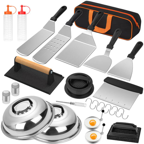 Wildone long griddle spatula for swift, precise flipping on Blackstone griddles.