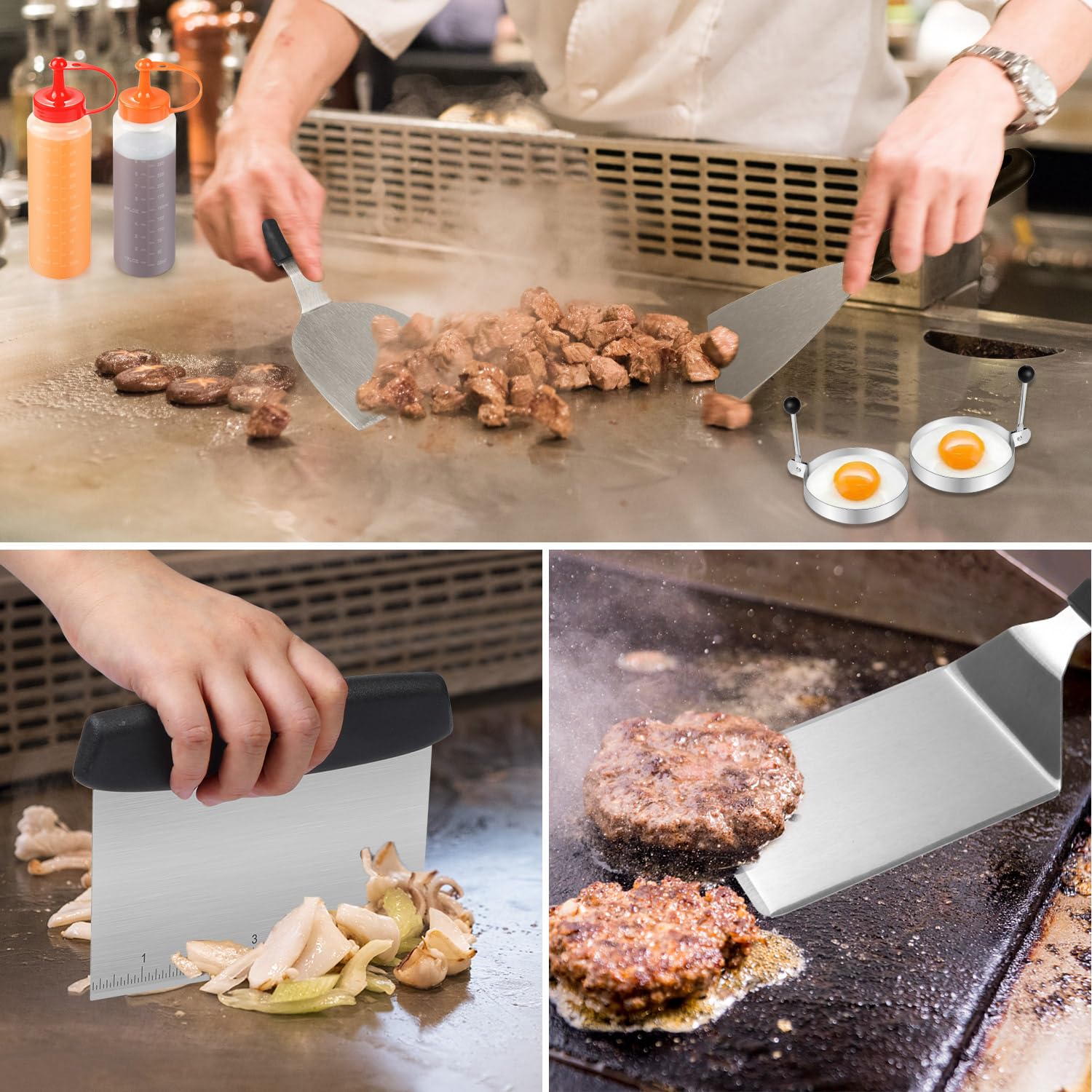 Wildone slant edge scraper helps clean the griddle after cooking.