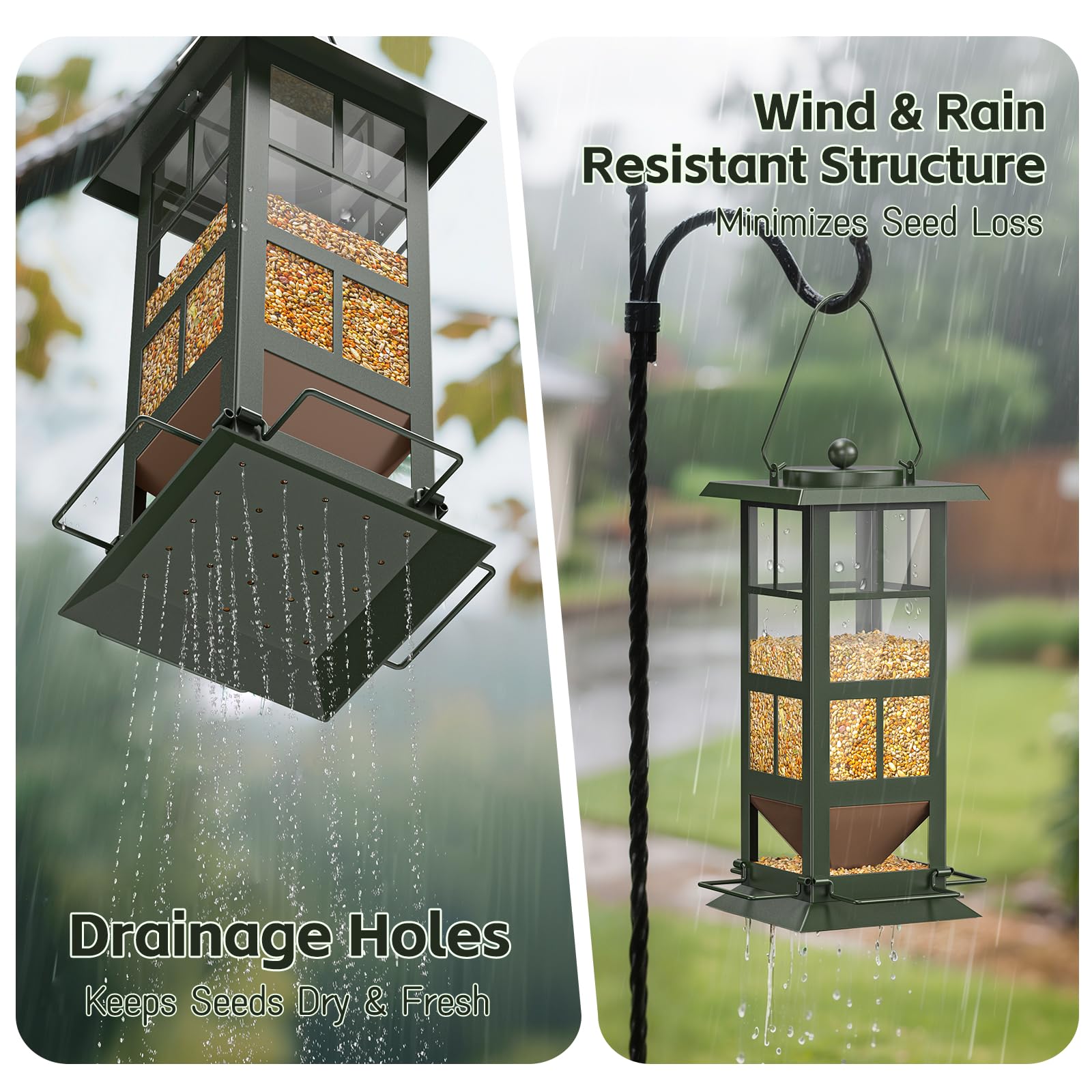 Wildpark drainage-holes feeder ensures dry seeds even after rain.