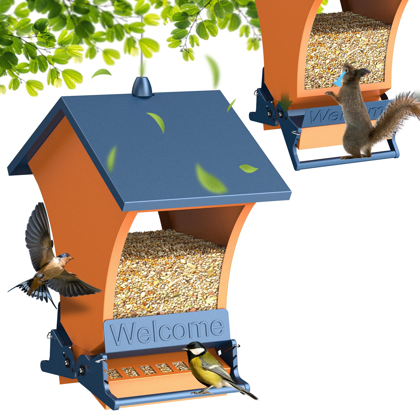 Wildpark orange feeder front view shows durable metal build and clear seed window.