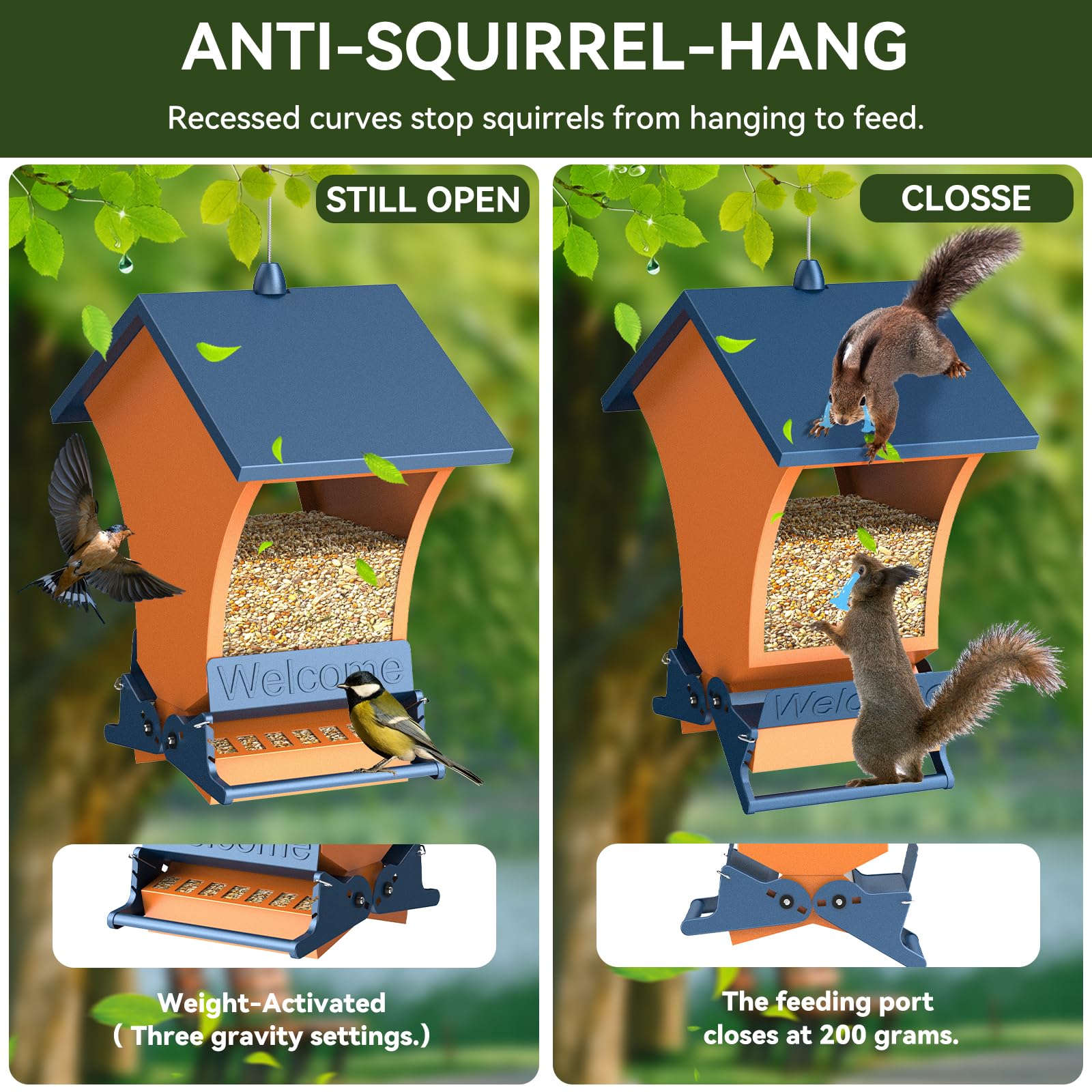 Wildpark orange feeder side view highlights accessible feeding ports for birds.