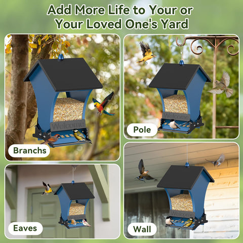 Wildpark Squirrel-Proof Feeder features orange body and blue roof for high backyard visibility.