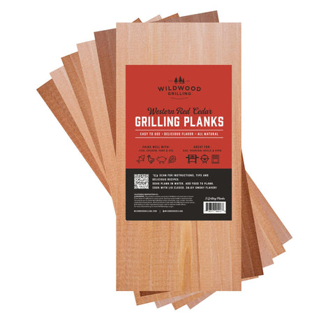 Wildwood Grilling cedar planks packaging emphasizes USA-sourced cedar for premium salmon flavor.