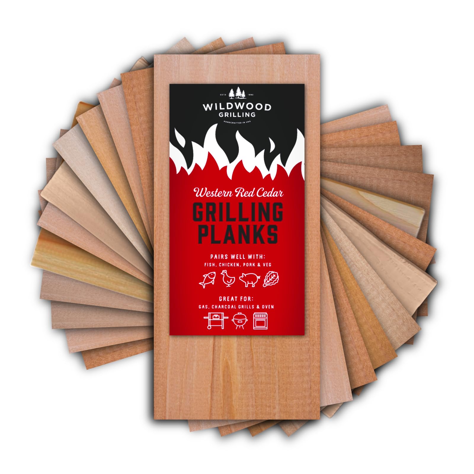 Wildwood Grilling cedar plank, USA-sourced, signaling safety and quality for grilling