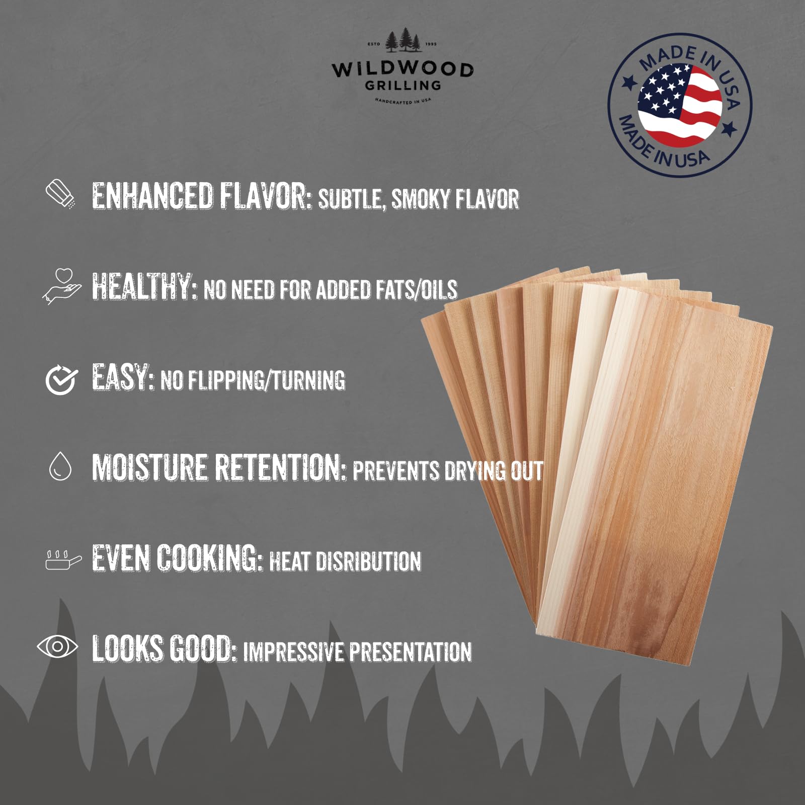 Wildwood Grilling USA-sourced Western Red Cedar wood for flavor.