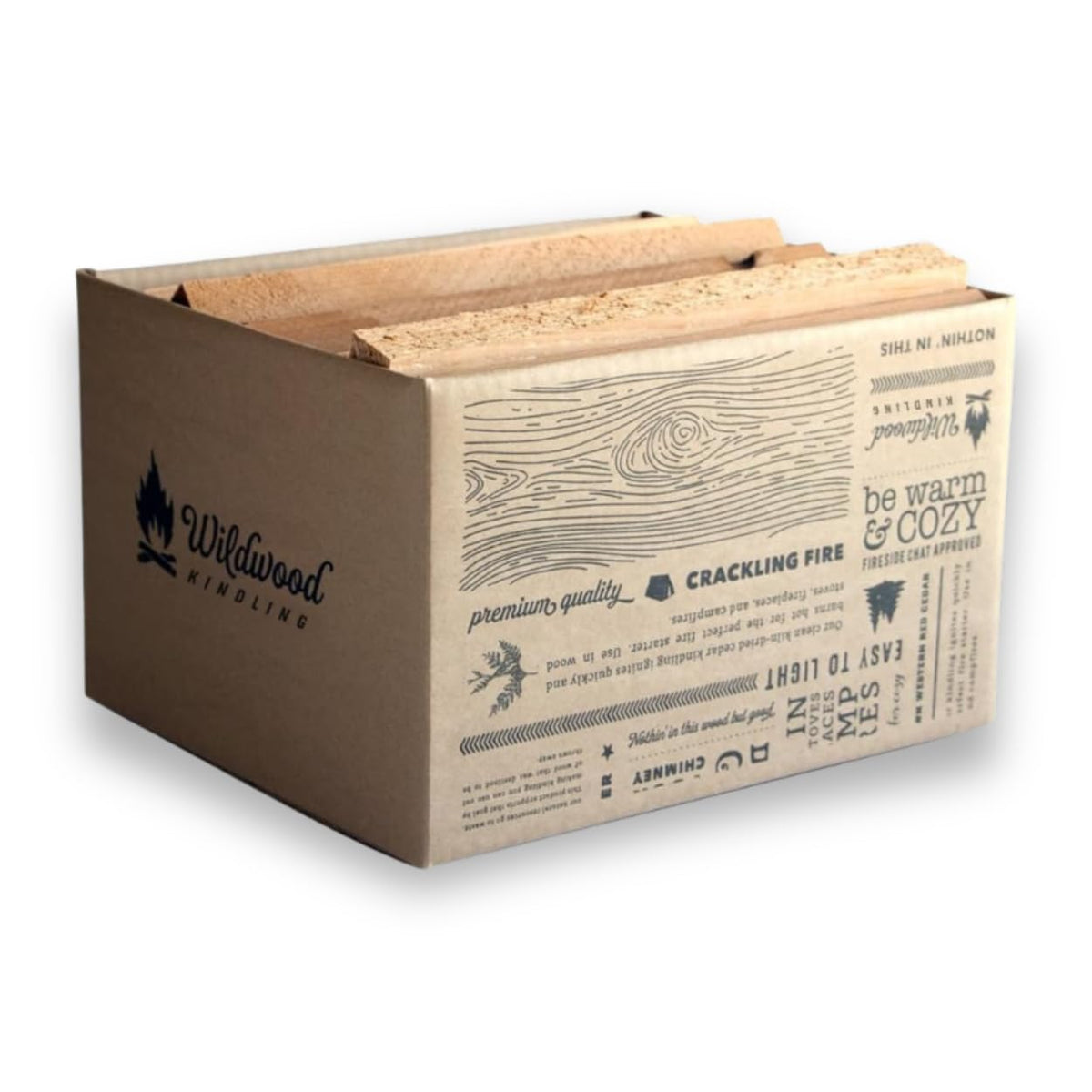 Wildwood Kindling cedar in a closed hearth box for clean indoor fires