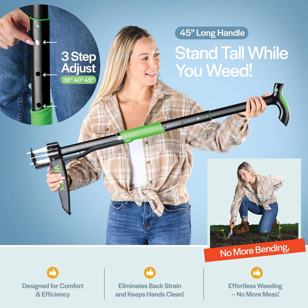 Foot pedal leverage enables effortless, standing weed removal