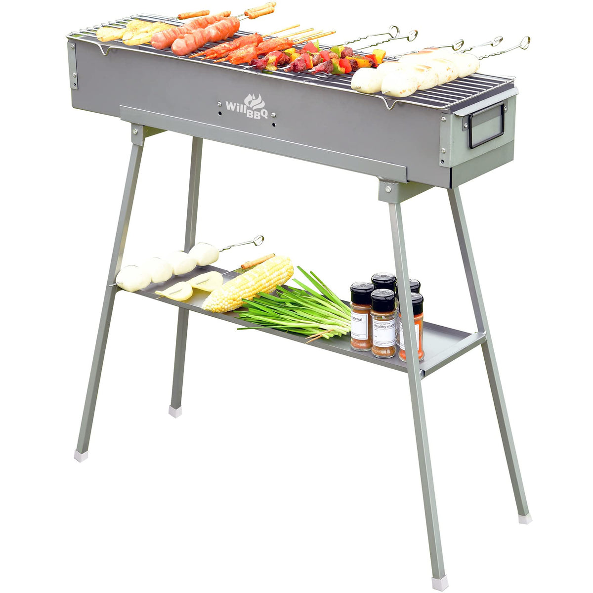 WillBBQ foldable-stand enables portable setup for outdoor grilling.