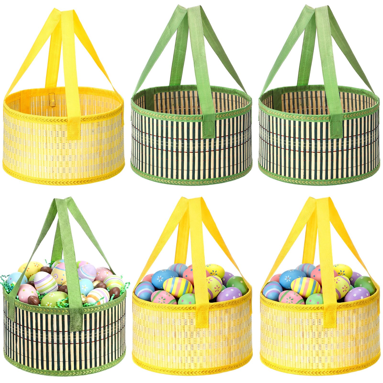 Willinglong Easter bamboo basket set folded flat for compact storage in yellow and green.