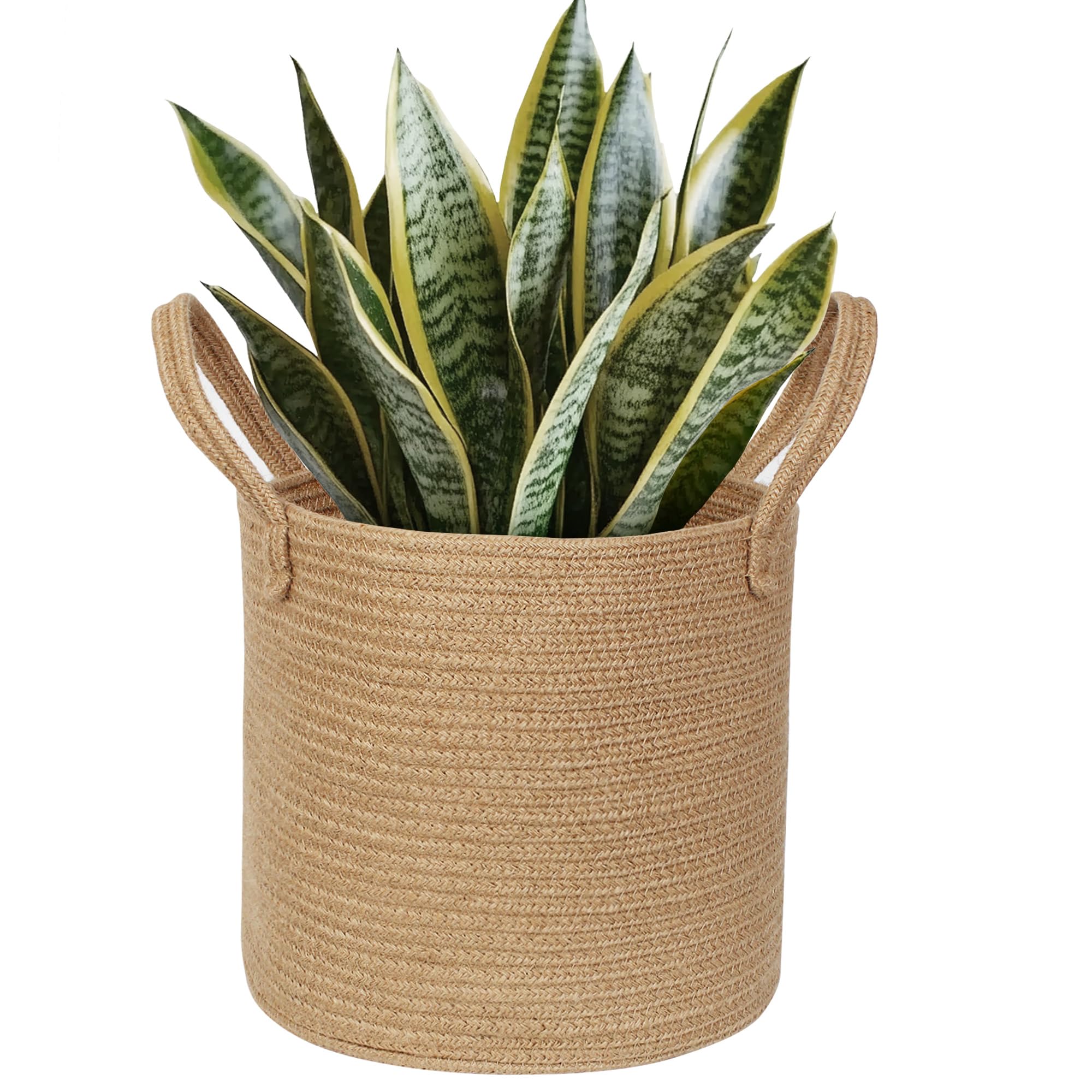 Willitat round wicker basket with handle cradling a potted plant, ideal plant display and easy mobility.