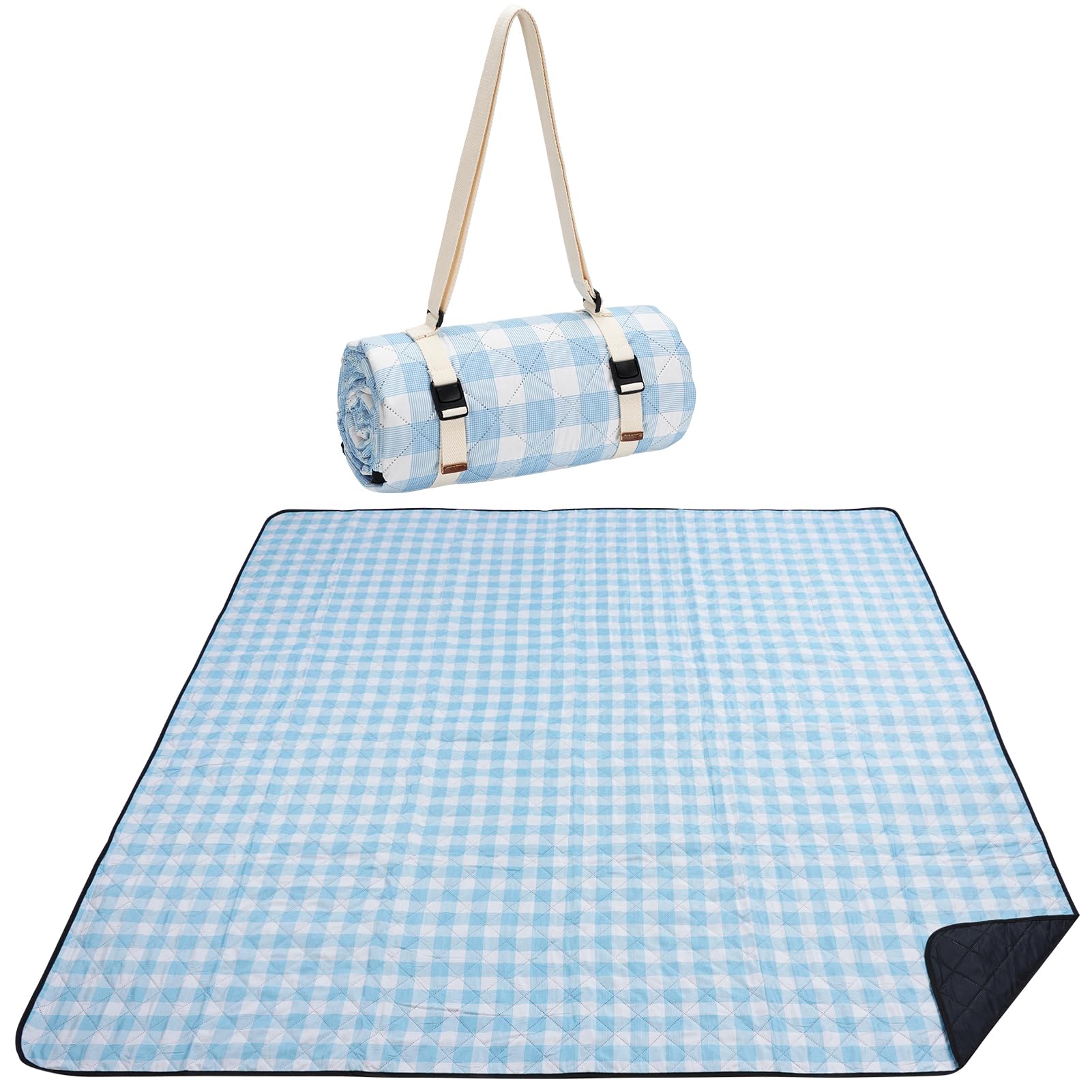 WILLOW WEAVE picnic blanket top view with blue-white check, ideal for outdoor picnics.