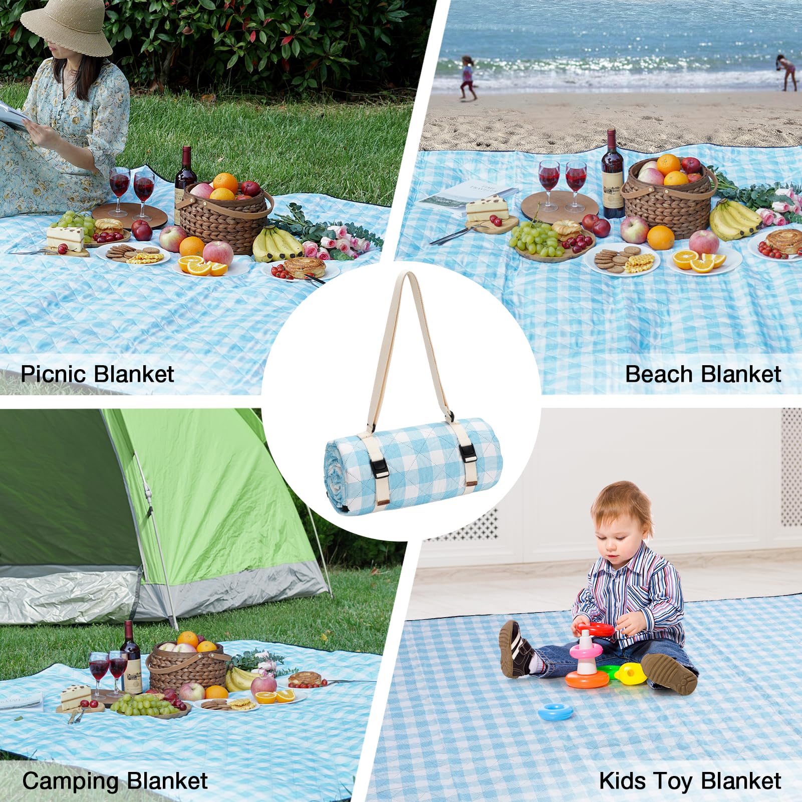 WILLOW WEAVE rolled blanket with handle; quick park setup.